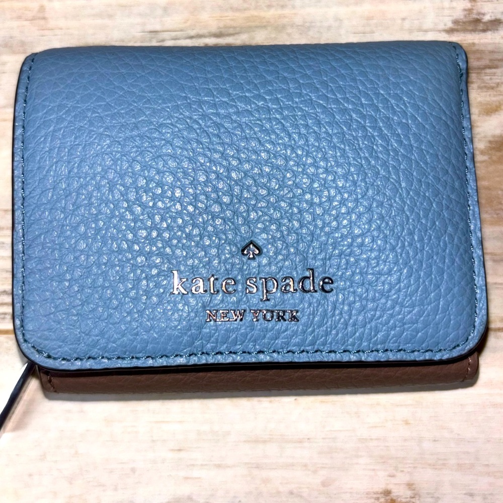 kate spade blue and brown pebbled leather bifold wallet - Picture 1 of 4